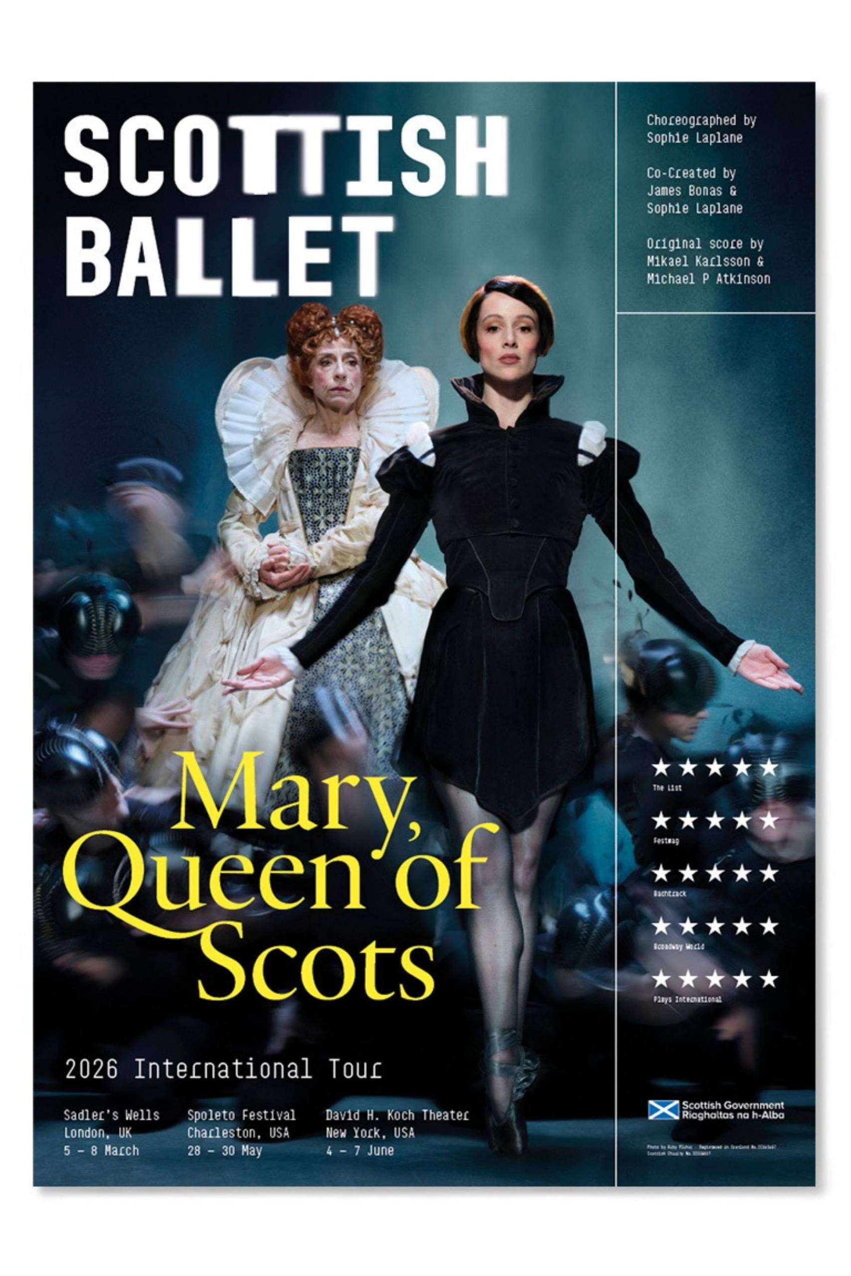 Poster for Scottish Ballet’s Mary, Queen of Scots 2026 International Tour featuring two women in period costumes—one in ornate white, one in dark attire—standing side by side with show details and tour dates.