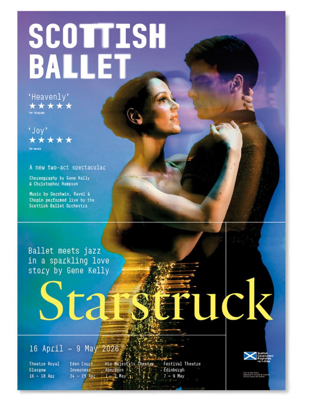 Poster for Scottish Ballets Starstruck featuring a man and woman in a dramatic dance pose, glowing with golden light. Text includes show details, dates, and locations from 16 April to 9 May 2026, with critical acclaim quotes.