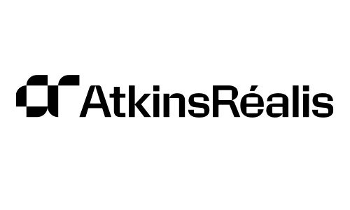 Black and white logo with abstract geometric shapes on the left and the text “AtkinsRéalis” in a bold, modern typeface on the right.
