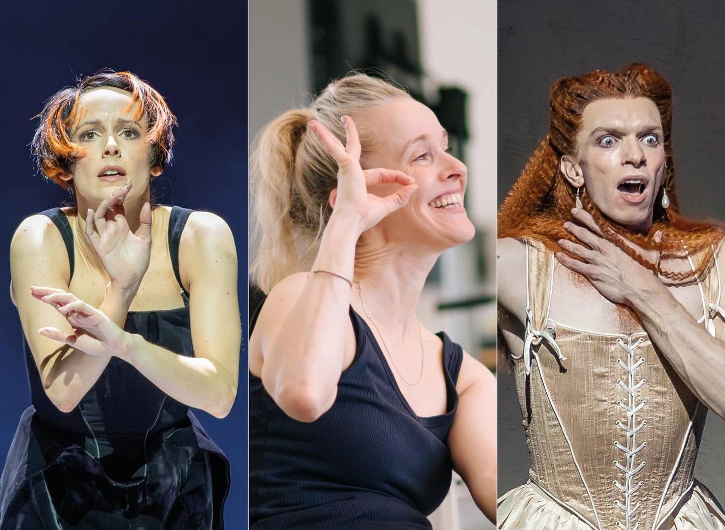 Three dancers perform expressive movements in separate scenes, wearing theatrical costumes. Text overlay reads: Mary, Queen of Scots scores three nominations at the National Dance Awards.