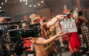 A film crew member holds a clapperboard in front of a camera on a film set, with actors in colourful costumes and masks standing in the blurred background under bright lights.