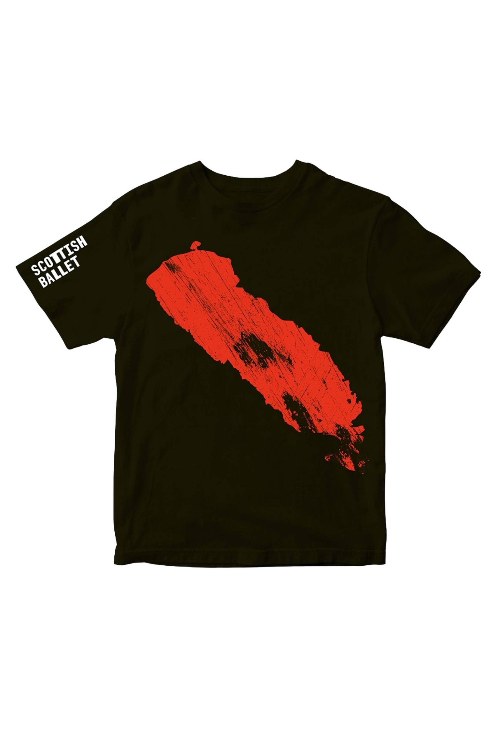 Black T-shirt featuring a large, red, brushstroke-style diagonal graphic across the front. The words Scottish Ballet appear in white text on the upper left sleeve.