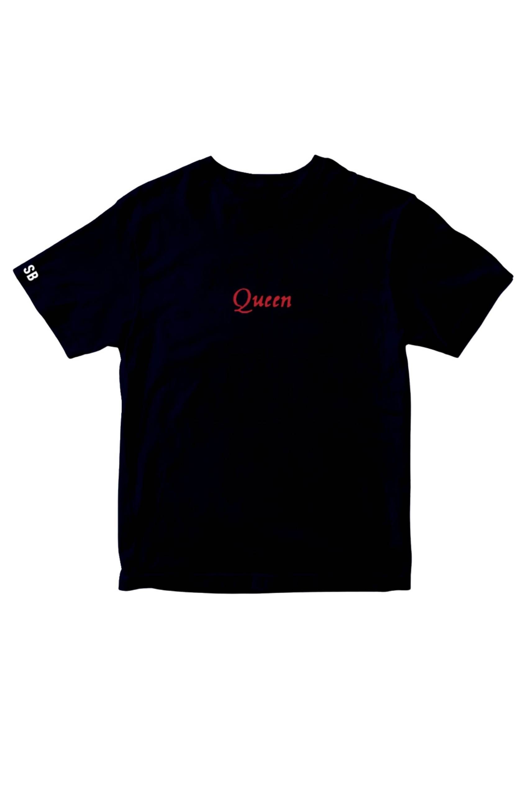 A black T-shirt with the word Queen in red cursive lettering on the chest and SB in small white letters on the left sleeve.