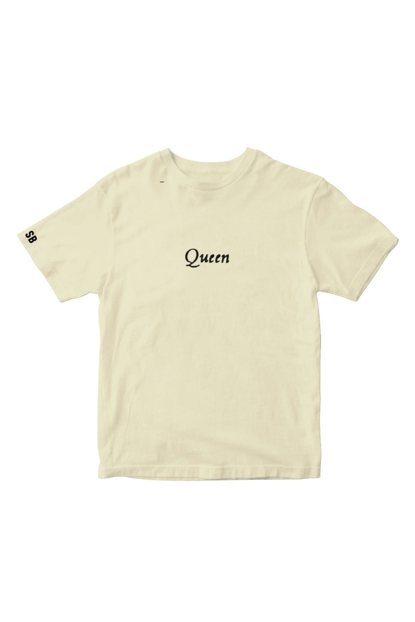 A plain off-white T-shirt with the word Queen printed in black cursive font on the chest and SB printed in black on the end of the left sleeve. The shirt has a relaxed fit and short sleeves.