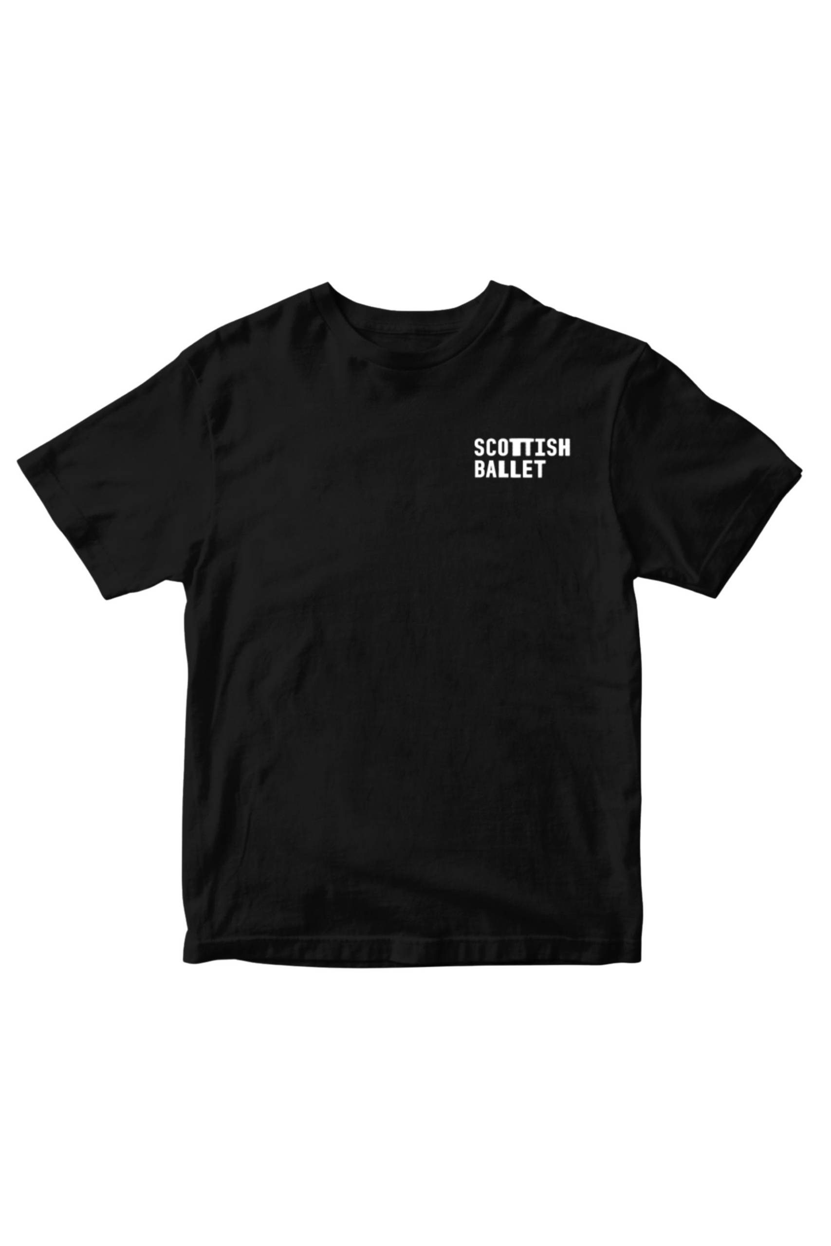 A plain black T-shirt featuring the words SCOTTISH BALLET in white, bold, uppercase letters on the left chest area.