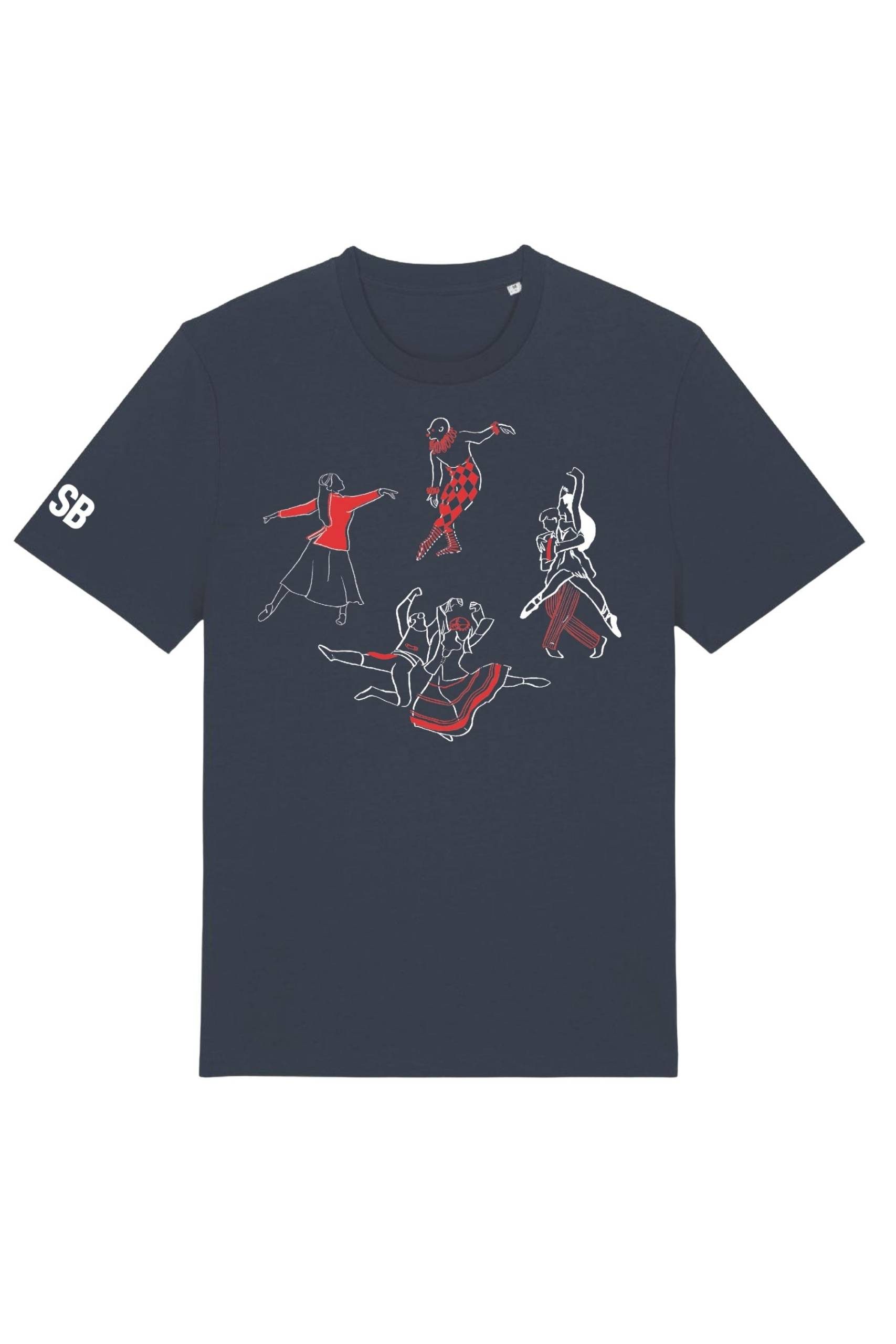Navy blue T-shirt featuring minimalist line drawings of six dancers in various poses, outlined in white and red, with SB printed on the left sleeve.