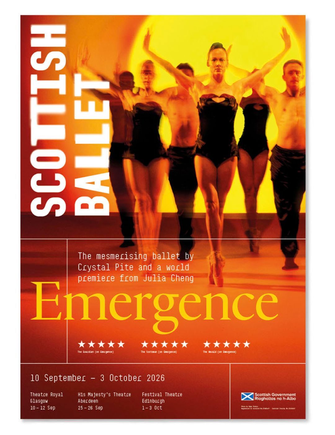 A poster for Scottish Ballet’s Emergence shows dancers in black costumes against an orange background, with show dates and venues listed at the bottom for September and October 2026.