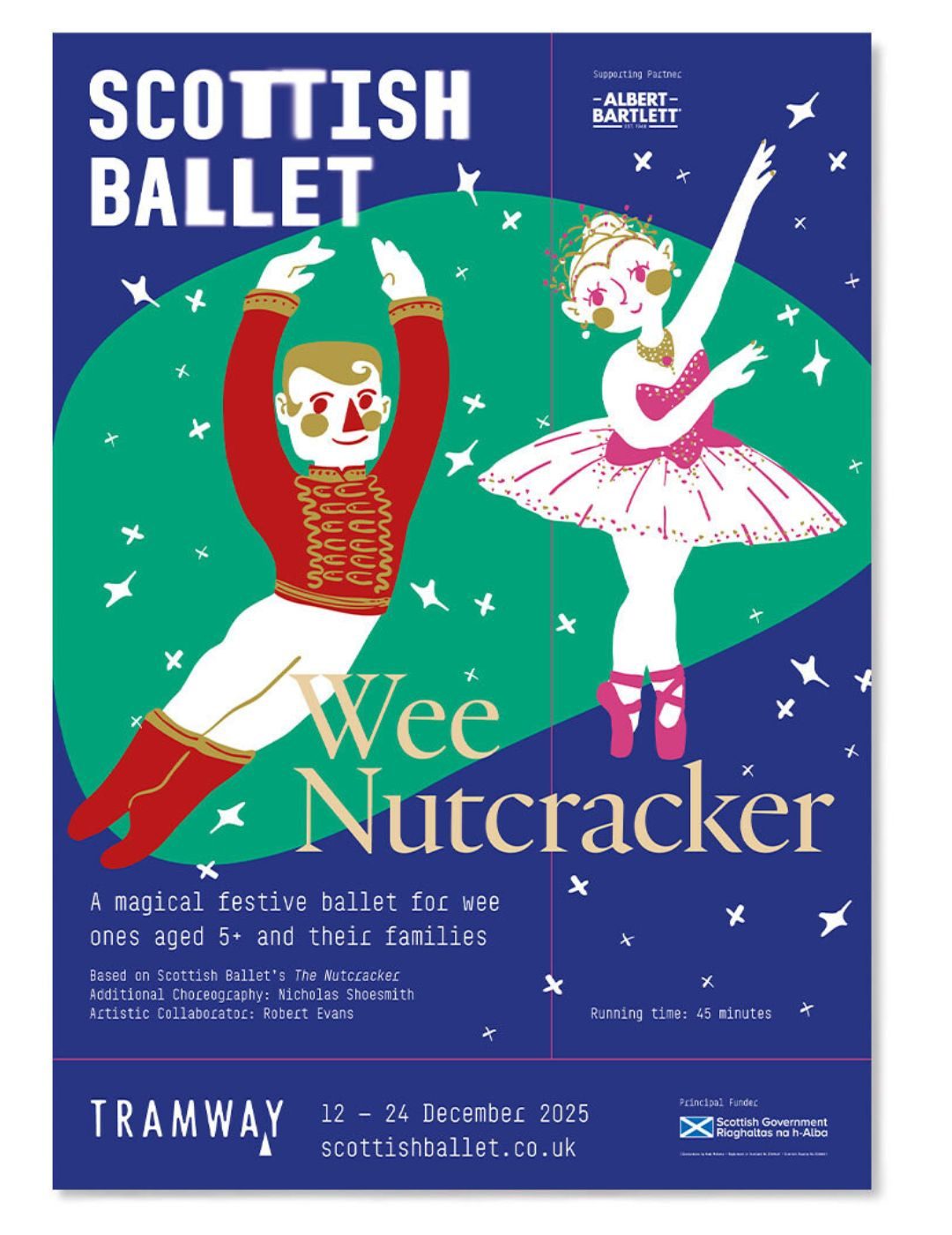 Poster for Wee Nutcracker by Scottish Ballet, featuring cartoon dancers—a boy in red and a girl in a pink tutu—dancing with stars and trees on a blue background. Event dates: 12–24 December 2025.
