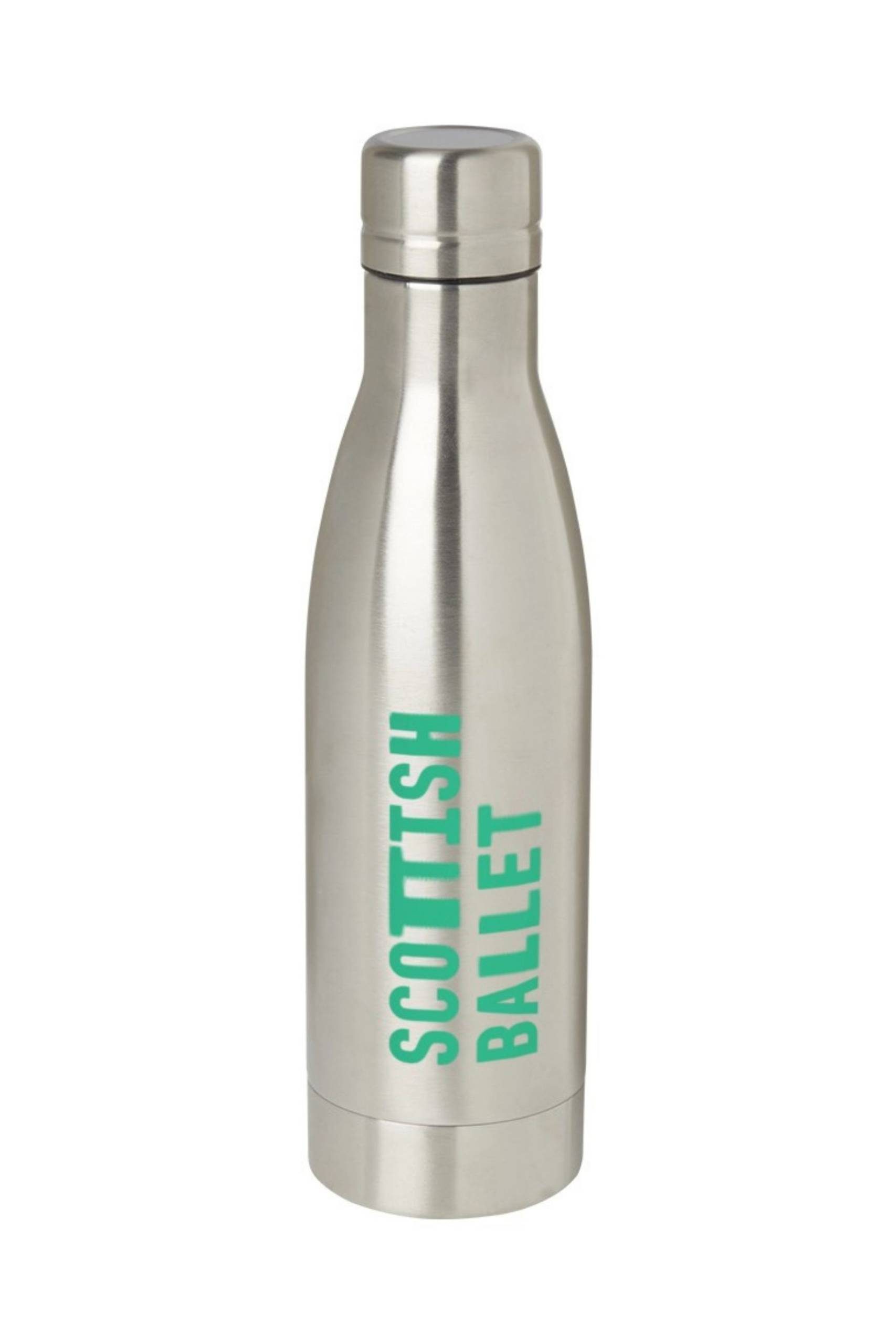 A stainless steel reusable water bottle with the words SCOTTISH BALLET printed vertically in green on the front.