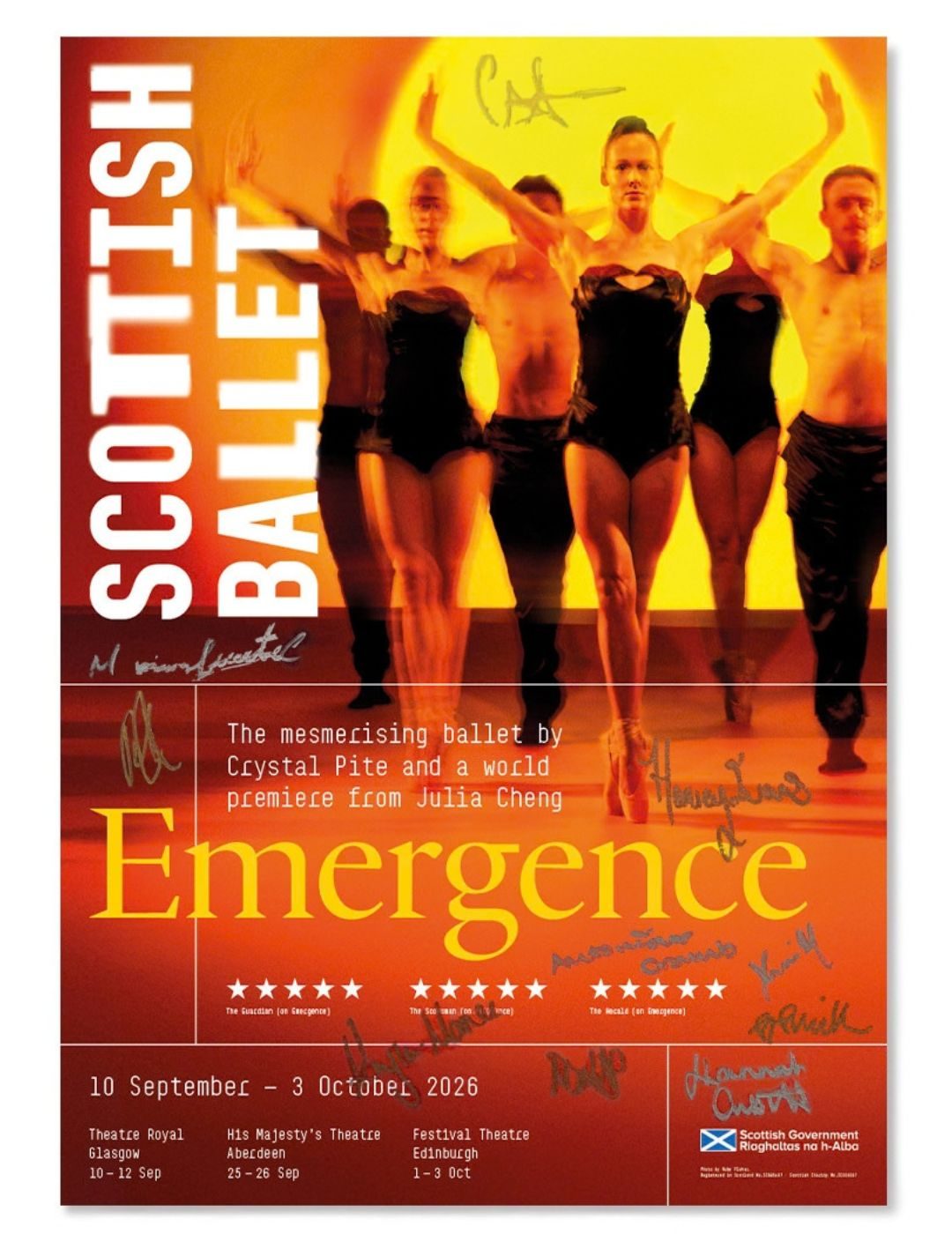 Poster for Scottish Ballet’s Emergence, showing dancers in orange lighting. Includes signatures, dates, venues in Glasgow, Aberdeen, and Edinburgh, and logos for Scottish Ballet and the Scottish Government.